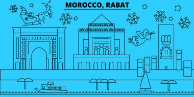 Fas, Rabat kış tatil manzarası. Mutlu Noeller, mutlu yeni yıl afiş Santa Claus.Morocco, Rabat doğrusal Noel şehir vektör düz çizim ile dekore edilmiş