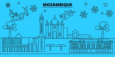 Mozambik kış tatil manzarası. Mutlu Noeller, mutlu yeni yıl Noel Baba ile banner dekore edilmiştir. Mozambik doğrusal Noel şehir vektör düz çizim