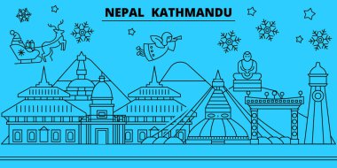 Nepal, Katmandu kış tatil manzarası. Mutlu Noeller, mutlu yeni yıl afiş Santa Claus.Nepal, Katmandu doğrusal Noel şehir vektör düz çizim ile dekore edilmiş