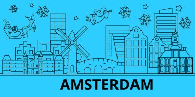 Hollanda, Amsterdam kış tatil manzarası. Mutlu Noeller, mutlu yeni yıl afiş Santa Claus.Netherlands, Amsterdam doğrusal Noel şehir vektör düz çizim ile dekore edilmiş