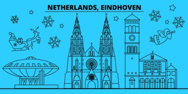 Hollanda, Eindhoven kış tatil manzarası. Mutlu Noeller, mutlu yeni yıl afiş Santa Claus.Netherlands, Eindhoven doğrusal Noel şehir vektör düz çizim ile dekore edilmiş