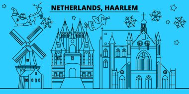 Hollanda, Haarlem kış tatil manzarası. Mutlu Noeller, mutlu yeni yıl afiş Santa Claus.Netherlands, Haarlem doğrusal Noel şehir vektör düz çizim ile dekore edilmiş