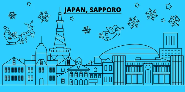 Japón, Sapporo horizonte de vacaciones de invierno. Feliz Navidad, Feliz Año Nuevo decorado banner con Santa Claus.Japan, Sapporo lineal navidad ciudad vector plana ilustración — Vector de stock