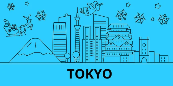Giappone, Tokyo vacanze invernali skyline. Buon Natale, felice anno nuovo banner decorato con Santa Claus.Japan, Tokyo lineare natale città vettore illustrazione piatta — Vettoriale Stock