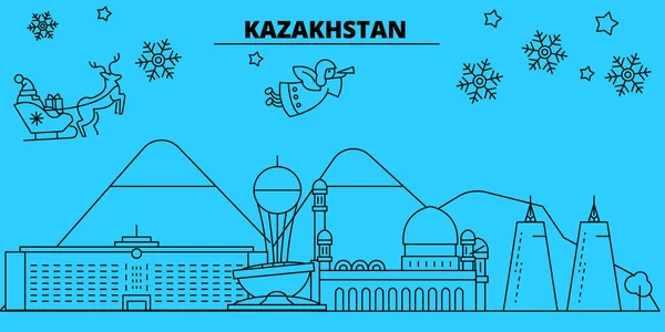 Kazajstán, Alma-ata, Astana horizonte de vacaciones de invierno. Feliz Navidad, Feliz Año Nuevo decorado banner con Santa Claus.Kazakhstan, Alma-ata, Astana lineal navidad ciudad vector plana ilustración — Vector de stock