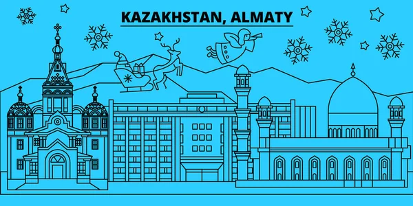 Kazajstán, Almaty horizonte de vacaciones de invierno. Feliz Navidad, Feliz Año Nuevo decorado banner con Santa Claus.Kazakhstan, Almaty lineal navidad ciudad vector plana ilustración — Archivo Imágenes Vectoriales