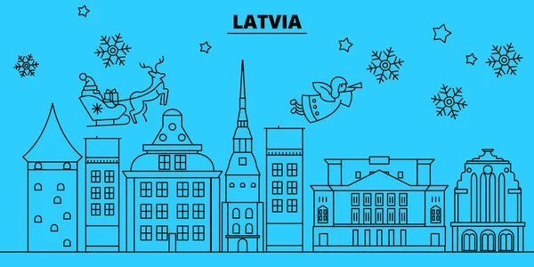 Lettonia vacanze invernali skyline. Buon Natale, Felice anno nuovo decorato banner con Santa Claus.Latvia lineare natale città vettore illustrazione piatta — Vettoriale Stock