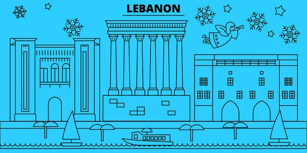 Liban, Beyrouth vacances d'hiver skyline. Joyeux Noël, Bonne année décorée bannière avec Santa Claus.Liban, Beyrouth linéaire Noël ville vecteur plat illustration — Image vectorielle