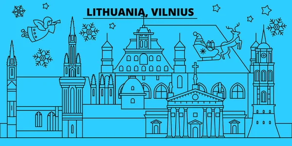 Lituanie, Vilnius vacances d'hiver skyline. Joyeux Noël, Bonne année décorée bannière avec Santa Claus.Lithuania, Vilnius linéaire Noël ville vecteur plat illustration — Image vectorielle