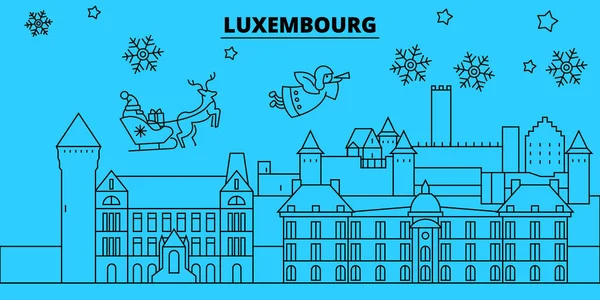 Luxemburger winterferien skyline. Frohe Weihnachten, frohes neues Jahr, geschmücktes Banner mit Weihnachtsmann. luxemburg linearer weihnachtsstadtvektor flache illustration — Stockvektor