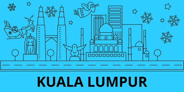 Малайзії, Куала-Лумпур skyline зимових свят. З Різдвом Христовим, з новим роком оформлені банер з Санта Claus.Malaysia, Куала-Лумпур лінійних Різдво місто вектор плоскої ілюстрація — стоковий вектор