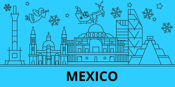 Ciudad de México horizonte de vacaciones de invierno. Feliz Navidad, Feliz Año Nuevo decorado banner con Santa Claus.México City lineal navidad ciudad vector plano ilustración — Vector de stock