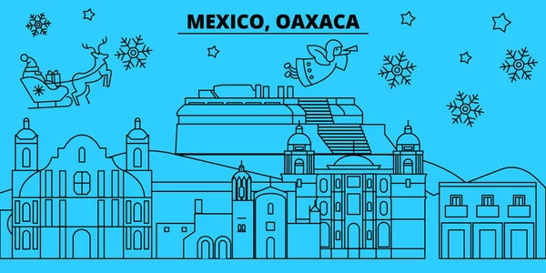 México, Oaxaca horizonte de vacaciones de invierno. Feliz Navidad, Feliz Año Nuevo decorado banner con Santa Claus.Flat, vector.México contorno, Oaxaca ilustración de la ciudad de Navidad lineal — Vector de stock