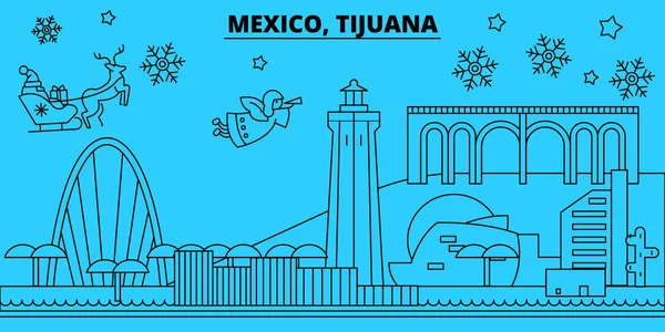 México, Tijuana férias de inverno horizonte. Feliz Natal, Feliz Ano Novo decorado banner com Papai Noel. México, Tijuana linear natal cidade vetor plana ilustração — Vetor de Stock