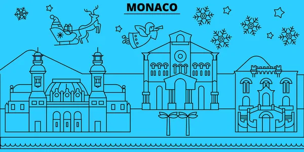 Monaco horizonte de vacaciones de invierno. Feliz Navidad, Feliz Año Nuevo decorado banner con Santa Claus.Monaco lineal navidad ciudad vector plano ilustración — Vector de stock