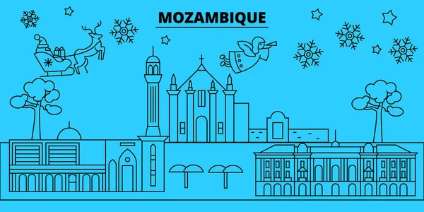 Mozambique horizonte de vacaciones de invierno. Feliz Navidad, Feliz Año Nuevo decorado banner con Santa Claus. Mozambique lineal navidad ciudad vector plano ilustración — Vector de stock
