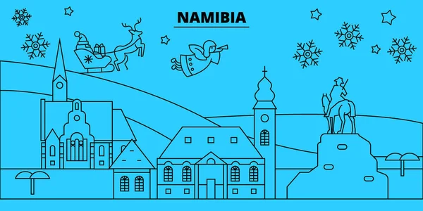 Зимние праздники в Намибии. С Рождеством Христовым, с Новым годом украшен баннер с Санта-Клаусом. Намибия линейной рождественской городской векторной плоской иллюстрацией — стоковый вектор