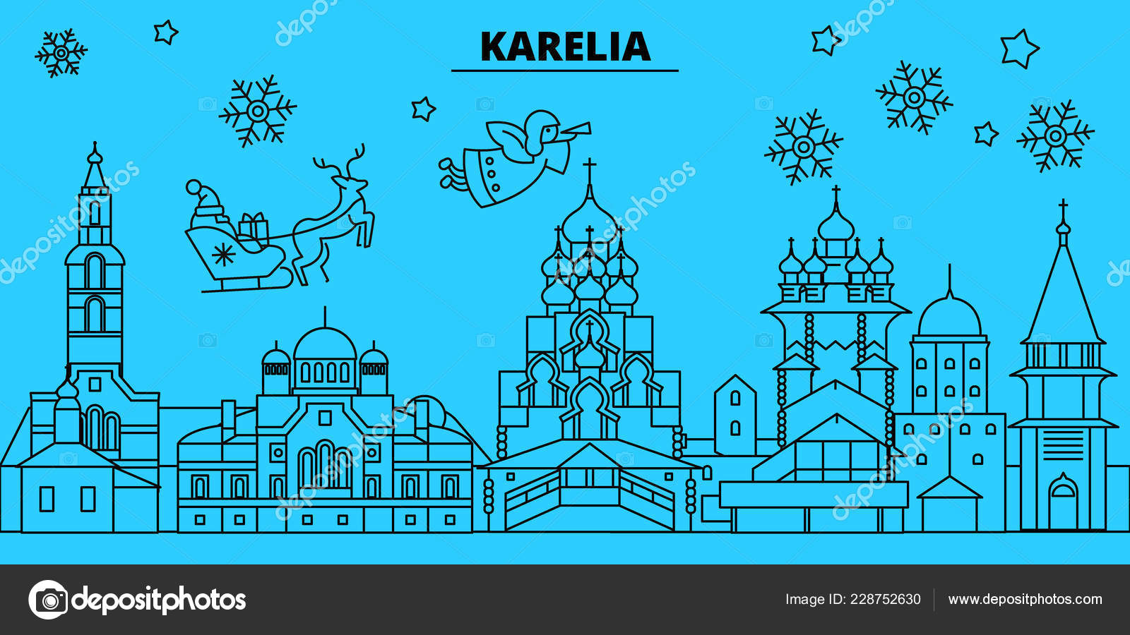 俄罗斯, 卡累利阿冬季假期天际线。圣诞快乐, 新年快乐的横幅与圣诞老人. 俄罗斯, 卡累利亚线性圣诞城市矢量平面插图图库矢量图©iconsgraph  228752630