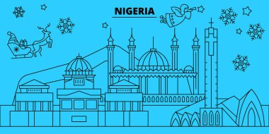 Nijerya kış tatil manzarası. Mutlu Noeller, mutlu yeni yıl afiş Santa Claus.Nigeria doğrusal Noel şehir vektör düz çizim ile dekore edilmiş