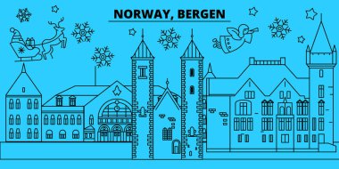 Norveç, Bergen kış tatil manzarası. Mutlu Noeller, mutlu yeni yıl afiş Santa Claus.Norway, Bergen doğrusal Noel şehir vektör düz çizim ile dekore edilmiş