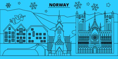 Norveç kış tatil manzarası. Mutlu Noeller, mutlu yeni yıl afiş Santa Claus.Norway doğrusal Noel şehir vektör düz çizim ile dekore edilmiş