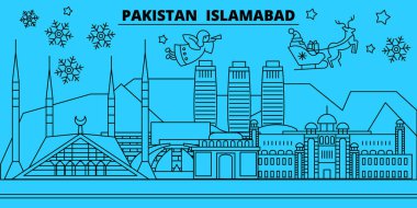 Pakistan Islamabad kış tatil manzarası. Mutlu Noeller, mutlu yeni yıl afiş Santa Claus.Pakistan, Islamabad doğrusal Noel şehir vektör düz çizim ile dekore edilmiş