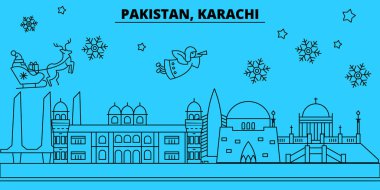 Pakistan Karaçi kış tatil manzarası. Mutlu Noeller, mutlu yeni yıl afiş Santa Claus.Pakistan, Karaçi doğrusal Noel şehir vektör düz çizim ile dekore edilmiş