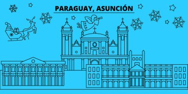 Paraguay, Asuncion kış tatil manzarası. Mutlu Noeller, mutlu yeni yıl afiş Santa Claus.Paraguay, Asuncion doğrusal Noel şehir vektör düz çizim ile dekore edilmiş