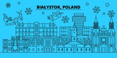 Polonya, Bialystok kış tatil manzarası. Mutlu Noeller, mutlu yeni yıl afiş Santa Claus.Flat, Anahat vektör ile dekore edilmiştir. Polonya, Bialystok doğrusal Noel şehir şekil