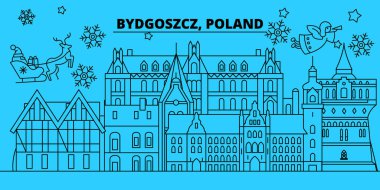 Polonya, Bydgoszcz kış tatil manzarası. Mutlu Noeller, mutlu yeni yıl afiş Santa Claus.Poland, Bydgoszcz doğrusal Noel şehir vektör düz çizim ile dekore edilmiş