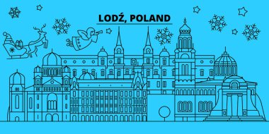Polonya, Lodz kış tatil manzarası. Mutlu Noeller, mutlu yeni yıl afiş Santa Claus.Poland, Lodz doğrusal Noel şehir vektör düz çizim ile dekore edilmiş
