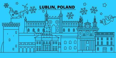 Polonya, Lublin kış tatil manzarası. Mutlu Noeller, mutlu yeni yıl afiş Santa Claus.Poland, Lublin doğrusal Noel şehir vektör düz çizim ile dekore edilmiş