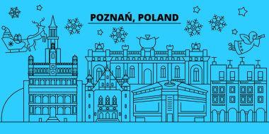 Polonya, Poznan kış tatil manzarası. Mutlu Noeller, mutlu yeni yıl afiş Santa Claus.Poland, Poznan doğrusal Noel şehir vektör düz çizim ile dekore edilmiş