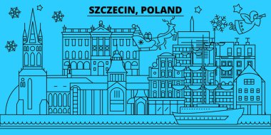 Polonya, Szczecin kış tatil manzarası. Mutlu Noeller, mutlu yeni yıl afiş Santa Claus.Poland, Szczecin doğrusal Noel şehir vektör düz çizim ile dekore edilmiş