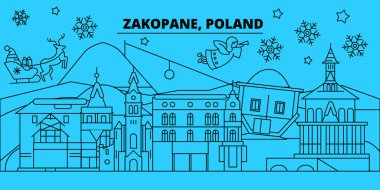 Polonya, Zakopane kış tatil manzarası. Mutlu Noeller, mutlu yeni yıl afiş Santa Claus.Poland, Zakopane doğrusal Noel şehir vektör düz çizim ile dekore edilmiş