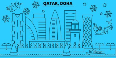 Katar, Doha kış tatil manzarası. Mutlu Noeller, mutlu yeni yıl afiş Santa Claus.Qatar, Doha doğrusal Noel şehir vektör düz çizim ile dekore edilmiş