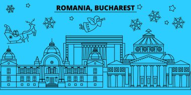Romanya, Bükreş kış tatil manzarası. Mutlu Noeller, mutlu yeni yıl afiş Santa Claus.Romania, Bükreş doğrusal Noel şehir vektör düz çizim ile dekore edilmiş