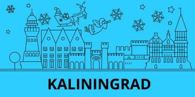 Rusya, Kaliningrad kış tatil manzarası. Mutlu Noeller, mutlu yeni yıl afiş Santa Claus.Russia, Kaliningrad doğrusal Noel şehir vektör düz çizim ile dekore edilmiş