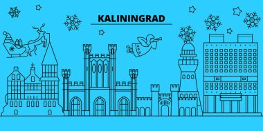 Rusya, Kaliningrad şehir kış tatil manzarası. Mutlu Noeller, mutlu yeni yıl afiş Santa Claus.Russia, Kaliningrad şehir doğrusal Noel şehir vektör düz çizim ile dekore edilmiş