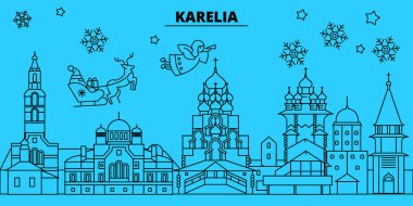 Rusya, Karelya kış tatil manzarası. Mutlu Noeller, mutlu yeni yıl afiş Santa Claus.Russia, Karelya doğrusal Noel şehir vektör düz çizim ile dekore edilmiş