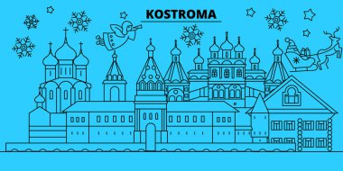 Rusya, Kostroma kış tatil manzarası. Mutlu Noeller, mutlu yeni yıl afiş Santa Claus.Russia, Kostroma doğrusal Noel şehir vektör düz çizim ile dekore edilmiş