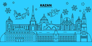 Rusya, Kazan kış tatil manzarası. Mutlu Noeller, mutlu yeni yıl afiş Santa Claus.Russia, Kazan doğrusal Noel şehir vektör düz çizim ile dekore edilmiş