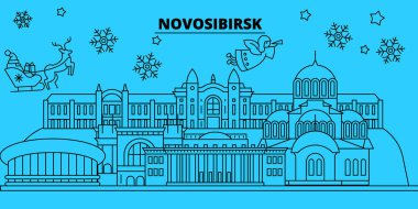 Rusya, Novosibirsk kış tatil manzarası. Mutlu Noeller, mutlu yeni yıl afiş Santa Claus.Russia, Novosibirsk doğrusal Noel şehir vektör düz çizim ile dekore edilmiş