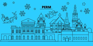Rusya, perma kış tatil manzarası. Mutlu Noeller, mutlu yeni yıl afiş Santa Claus.Russia, perma doğrusal Noel şehir vektör düz çizim ile dekore edilmiş