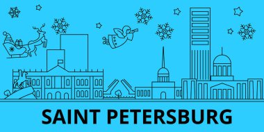 Rusya, Saint Petersburg şehir kış tatil manzarası. Mutlu Noeller, mutlu yeni yıl Noel Baba Claus.Russia, St. Petersburg şehir doğrusal Noel şehir vektör düz çizim ile