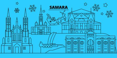 Rusya, Samara kış tatil manzarası. Mutlu Noeller, mutlu yeni yıl afiş Santa Claus.Russia, Samara doğrusal Noel şehir vektör düz çizim ile dekore edilmiş
