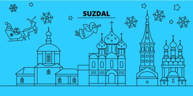 Rusya, Suzdal kış tatil manzarası. Mutlu Noeller, mutlu yeni yıl afiş Santa Claus.Russia, Suzdal doğrusal Noel şehir vektör düz çizim ile dekore edilmiş