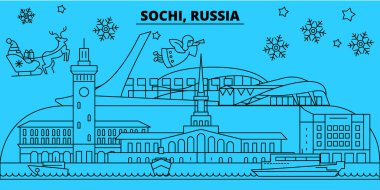 Rusya, Sochi kış tatil manzarası. Mutlu Noeller, mutlu yeni yıl afiş Santa Claus.Russia, Sochi doğrusal Noel şehir vektör düz çizim ile dekore edilmiş