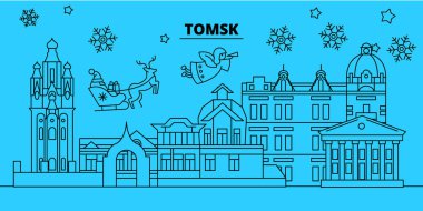 Rusya, Tomsk kış tatil manzarası. Mutlu Noeller, mutlu yeni yıl afiş Santa Claus.Russia, Tomsk doğrusal Noel şehir vektör düz çizim ile dekore edilmiş
