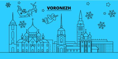 Rusya, Voronezh kış tatil manzarası. Mutlu Noeller, mutlu yeni yıl afiş Santa Claus.Russia, Voronezh doğrusal Noel şehir vektör düz çizim ile dekore edilmiş
